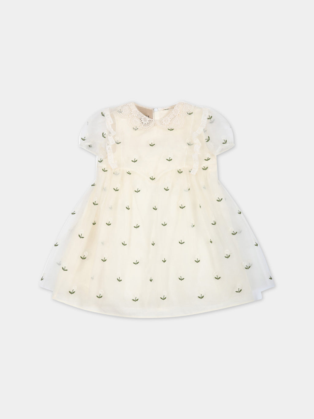 Ivory dress for baby girl with  all-over embroidered flowers and logo GG